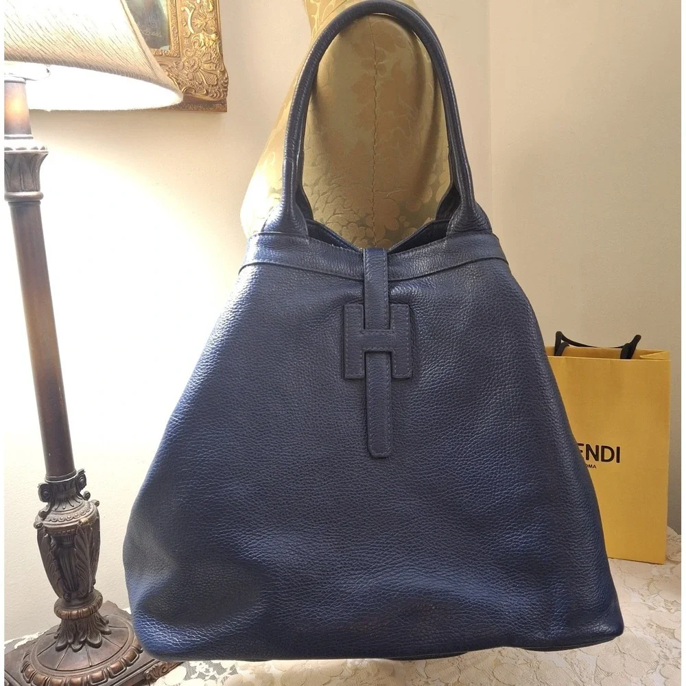 Harper Navy Pebbled Leather Shoulder Bag Classic Luxury Made In Italy